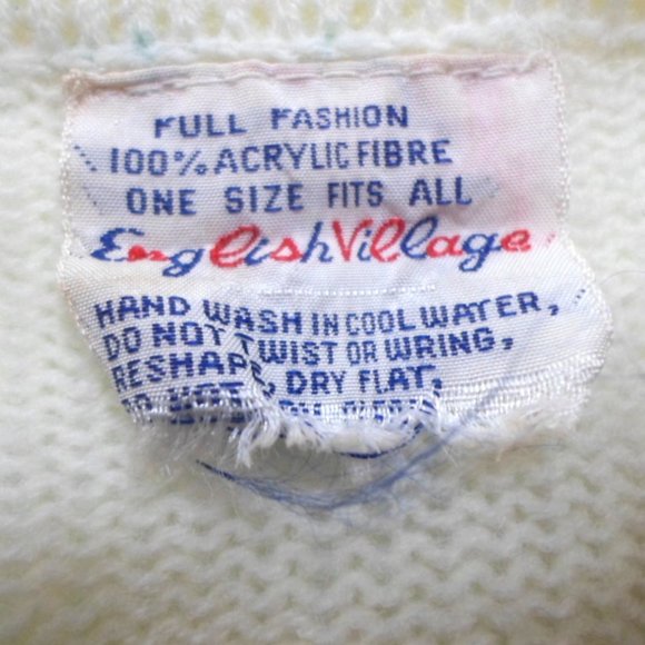 Vintage English Village Poncho Sweater Ivory Acrylic Button Up Fringe - Picture 5 of 5